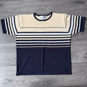 Vintage Dressbarn Navy & Yellow Striped Short Sleeve Shirt